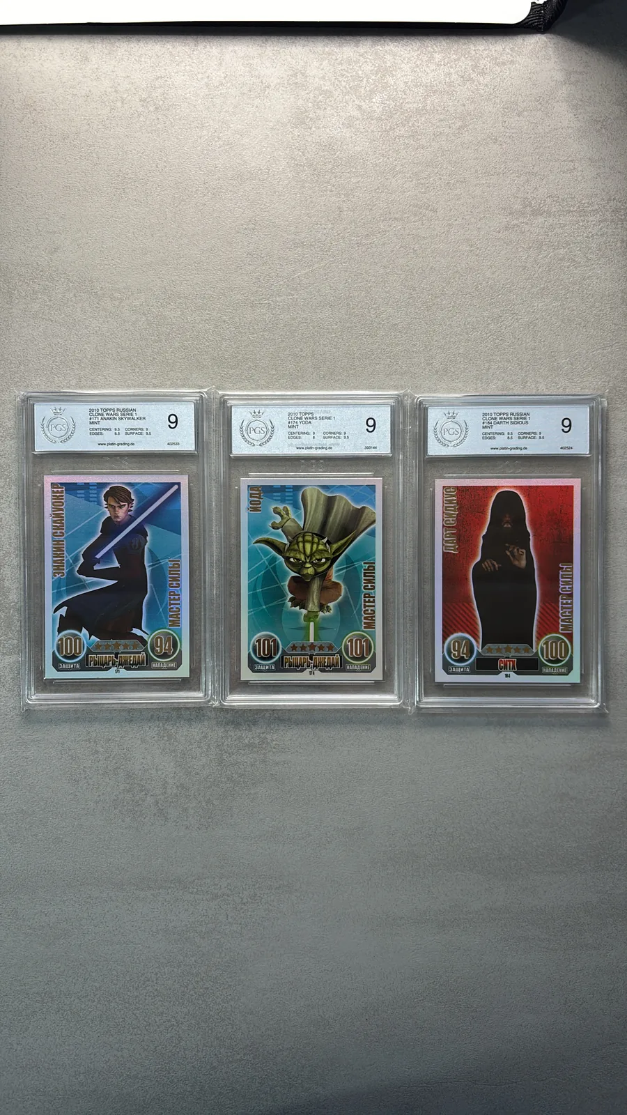 Drei gegradete Force Attax Serie 1 Karten, jeweils Bewertung 9